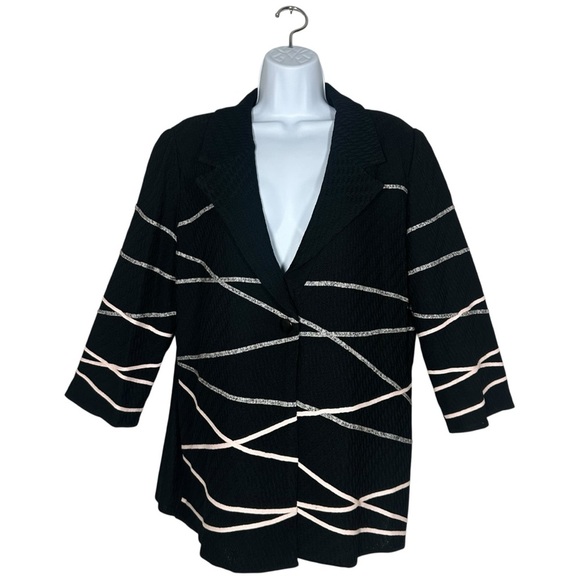Ming Wang Womens L Black Knit Blazer Career Jacket Single Button Abstract Stripe - Picture 1 of 13